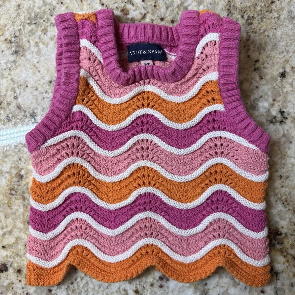 Andy & Evan Girls 2T Crochet Knit Top Chevron Pink Orange Boho Scallop Hem